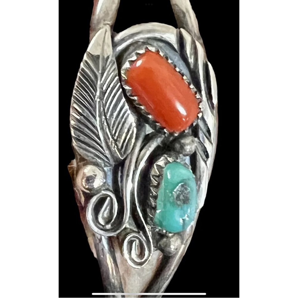 Vintage, signed Native American made STERLING SILVER, TURQUOISE & CORAL Cuff